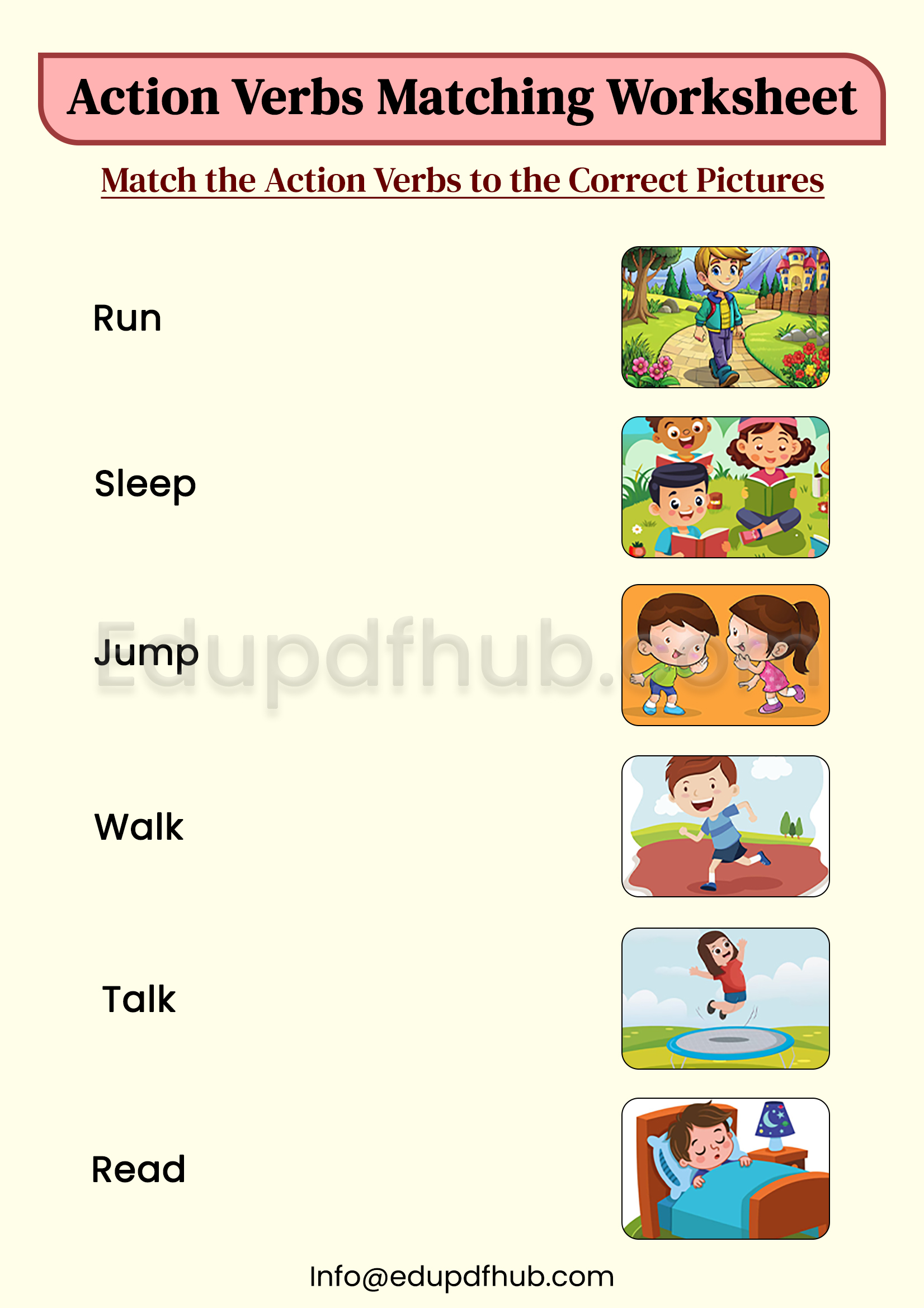 Action Verbs Matching Worksheet Printable PDF for Kids